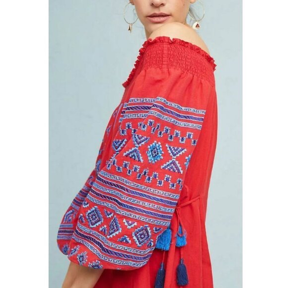 Anthropologie Off Shoulder Embroidered Boho Dress Small Red Cotton Summer Tassel - Picture 7 of 10
